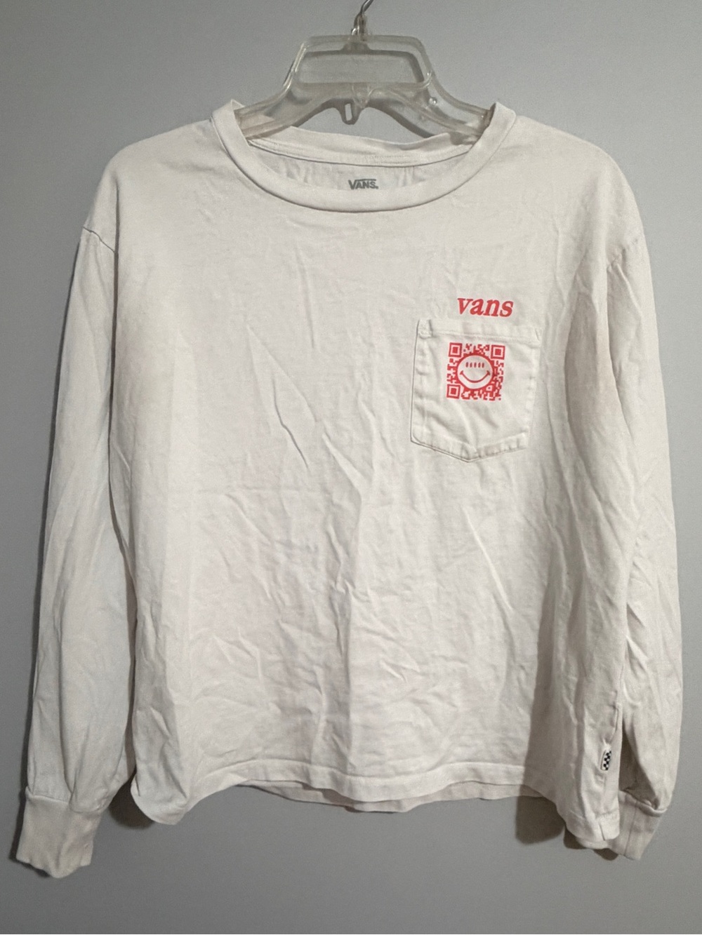 Vans White Long-Sleeve Pocket Tee with Pink Chest Graphic